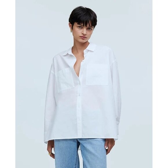 Madewell The Oversized Straight Hem Shirt in Signature Poplin in Eyelet White - Picture 2 of 9
